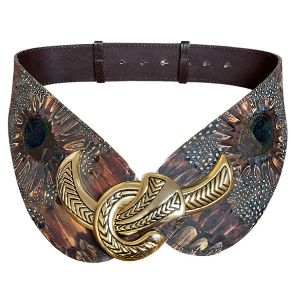Accessories - Vintage 1980s Genuine Peacock Feather Brown Leather Statement Belt Boho Fairy OS